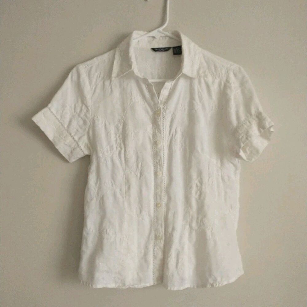 Autograph Shirt Blouse Womens S White 100%Linen Floral Embroidered Eyelets Short
